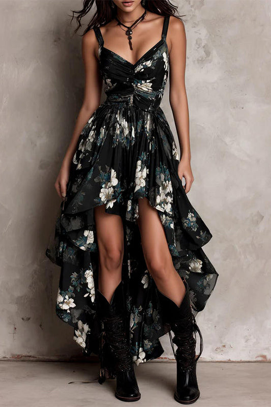 Midnight Wildflower High-Low Ruffle Floral Dress
