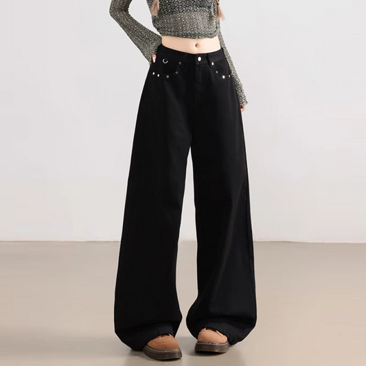 rivet pocket button low rise straight leg | Baggy Low Rise Jeans  | Festival Outfits Women