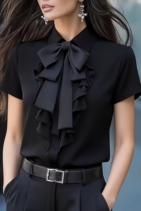 Solid Color Tie-neck Ruffle Collar Short-sleeved Casual Shirt