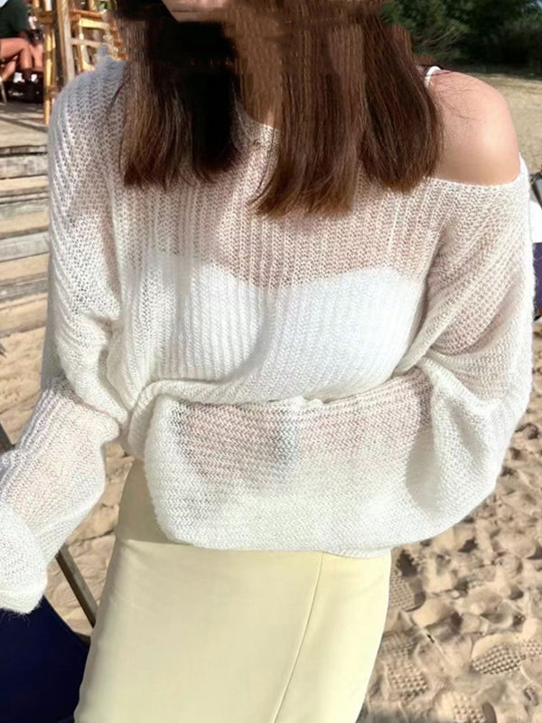 See Through Solid Loose Short Long Sleeve Knit