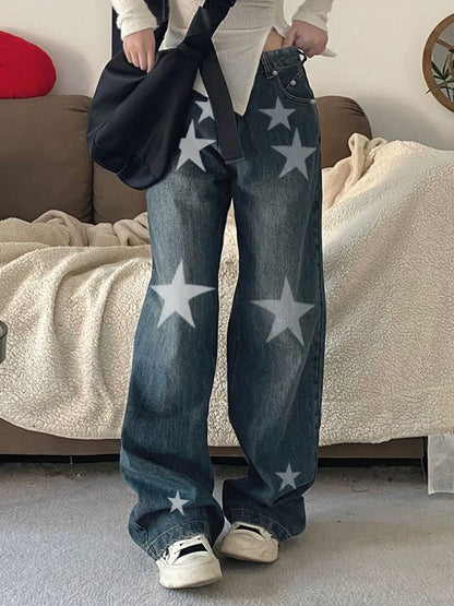 Washed Distressed Star Print Boyfriend Jeans