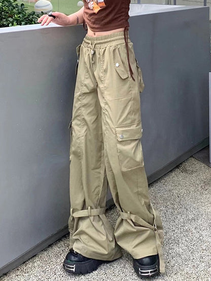 Vintage Big Pocket Drawstring Buckle Design Cargo Pants