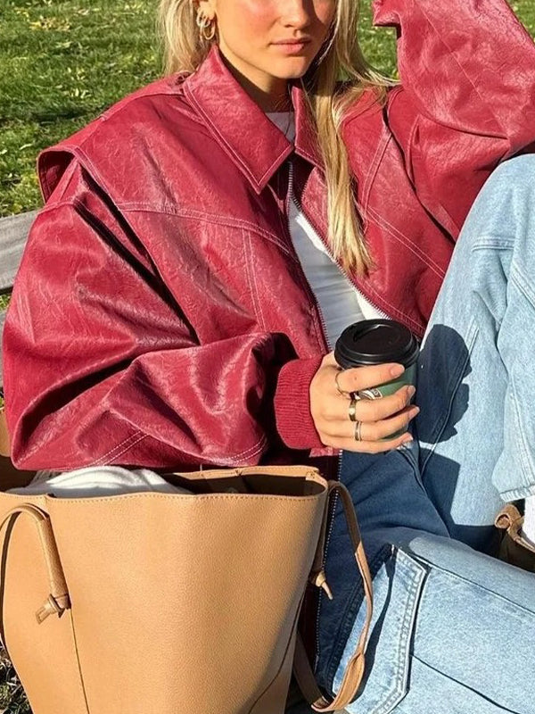 Loose long sleeve vintage leather jacket