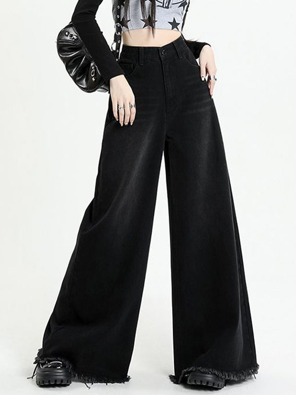 Versatile Black Raw Edge Wide Leg Boyfriend Jeans