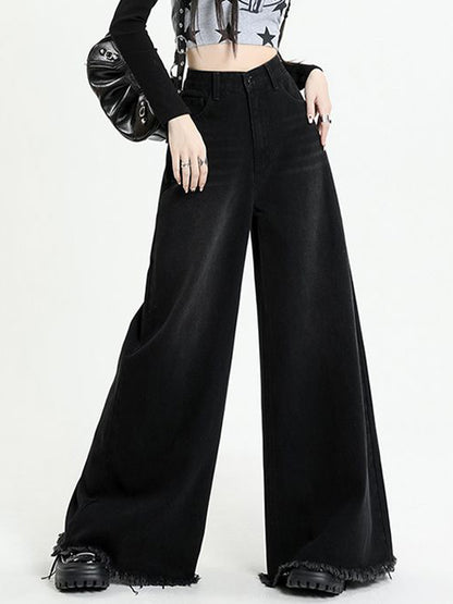 Versatile Black Raw Edge Wide Leg Boyfriend Jeans