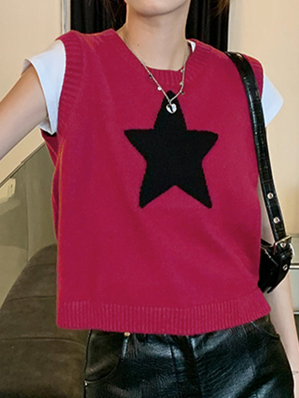 Star Jacquard Crew Neck Cropped Sweater Vest