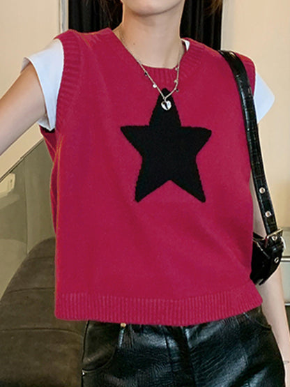 Star Jacquard Crew Neck Cropped Sweater Vest