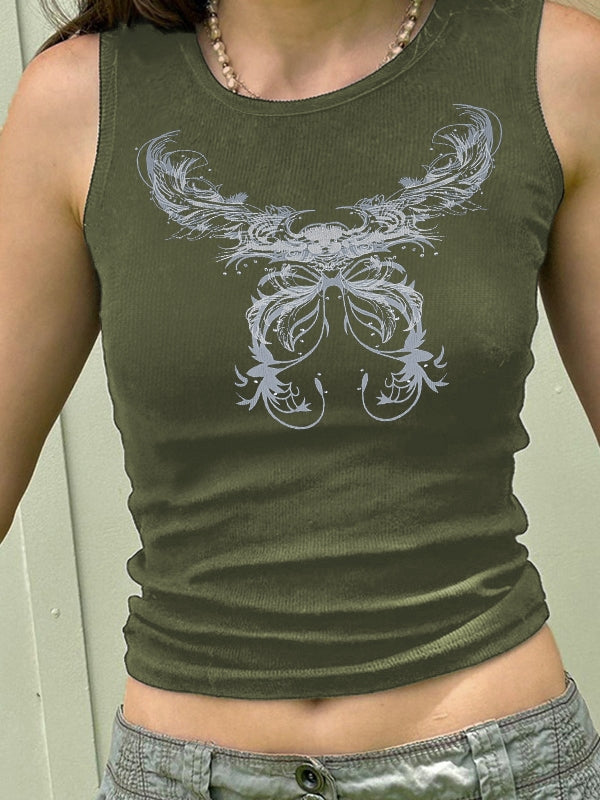 Vintage Butterfly Print Ribbed Tank Top