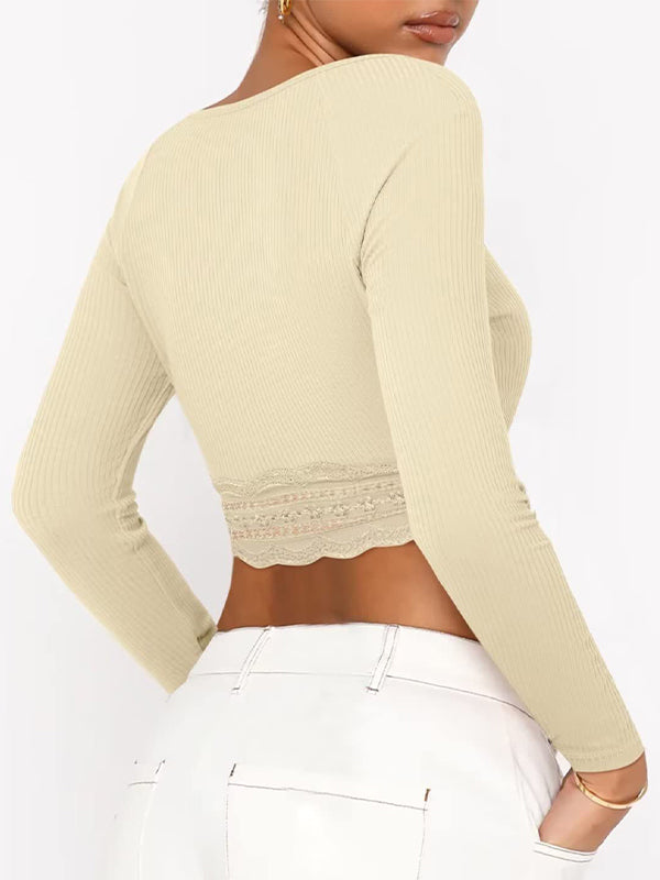 Solid Color Lace Hem Square Neck Crop Long Sleeve Knit