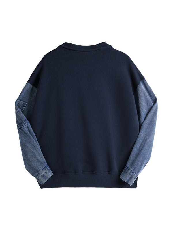 Denim Splice Letter Print Lapel Neck Oversized Hoodie