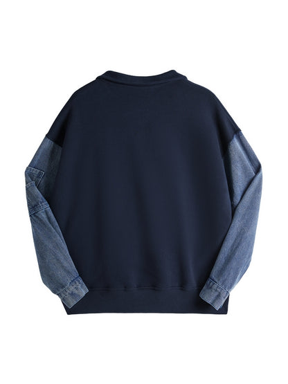 Denim Splice Letter Print Lapel Neck Oversized Hoodie