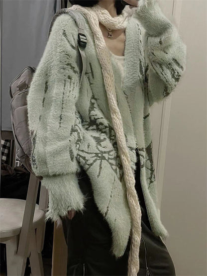 Print V Neck Zip Up Loose Cardigan