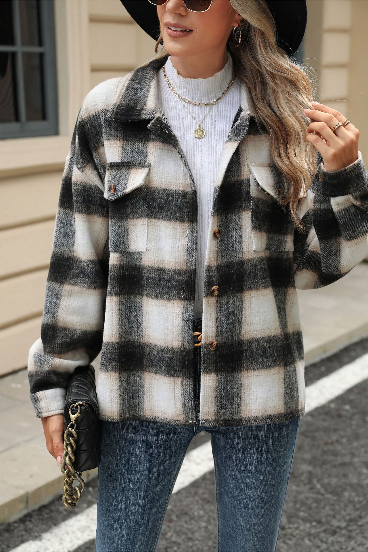 Loose Plaid Lapel Faux Wool Long Sleeve Coat
