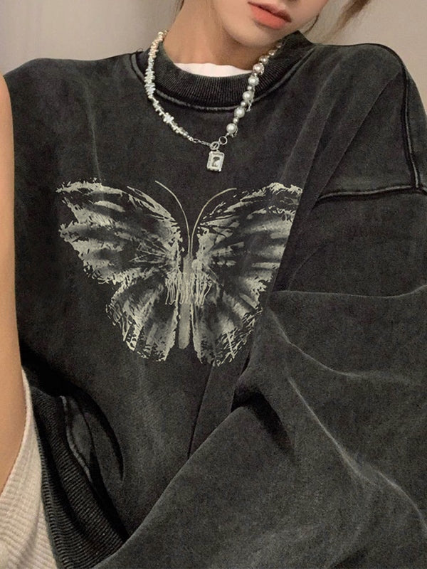 Distressed Butterfly Print Sweatshirt