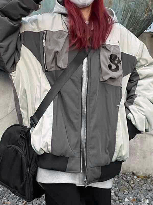 Embroidery Pocket Zipper Patchwork Design Bomber Jacket