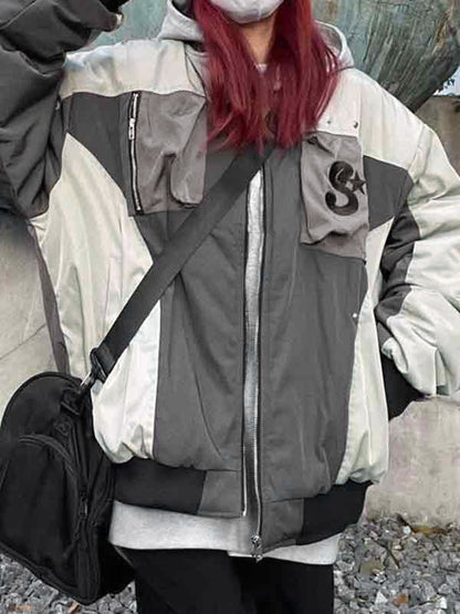 Embroidery Pocket Zipper Patchwork Design Bomber Jacket