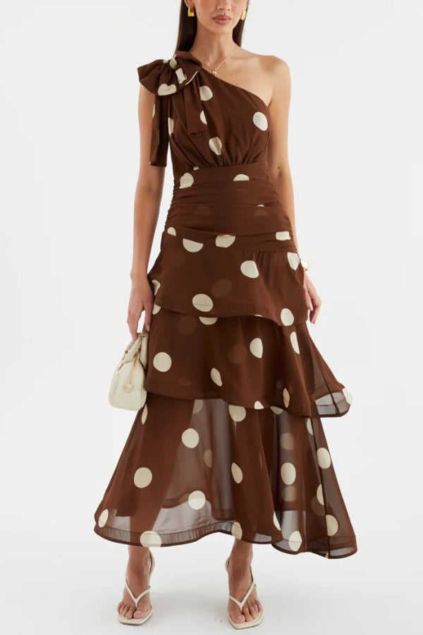 Fashionable Polka Dot Print One-shoulder Sleeveless Layered Mesh Maxi Dress