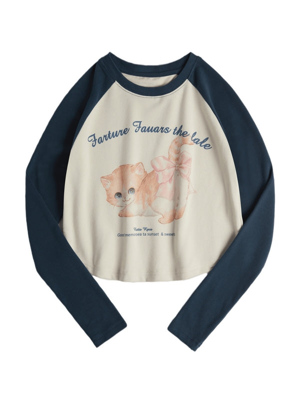 Kitten Print Raglan Long Sleeve Tee