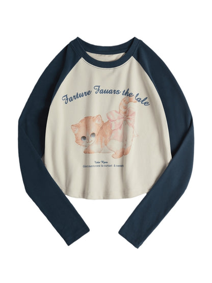 Kitten Print Raglan Long Sleeve Tee
