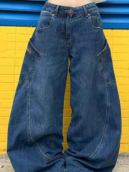 Scimitar Design Large Pocket Splicing Boyfriend Jeans