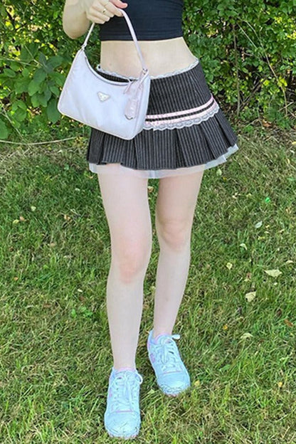 Spice Striped Bow Lace Pleated Patchwork Mini Skirt