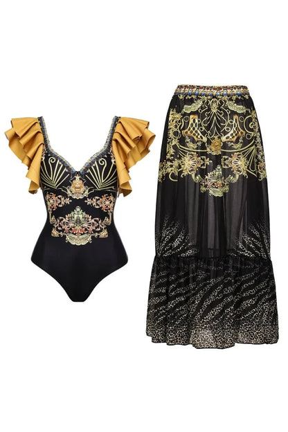 Conjunto de traje de baño con volantes en dorado y negro