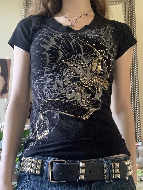 Vintage Printed Rhinestone Short Sleeve Tee