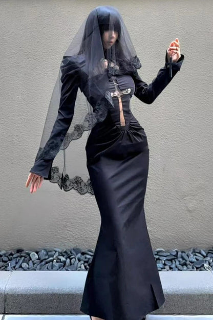 Gothic Lace Veil Cross Maxi Dress