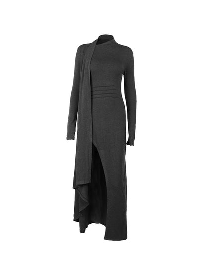 Solid Thigh Split Long Sleeve Midi Dress