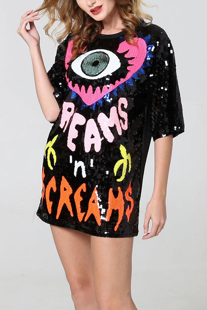 Love Eyes Letters Sequined Round Neck Short Sleeve Mid-Length Loose T-Shirt
