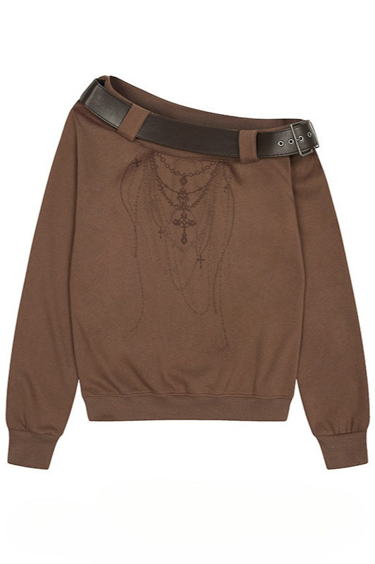 Retro Leather Buckle Asym Off Shoulder T-shirt