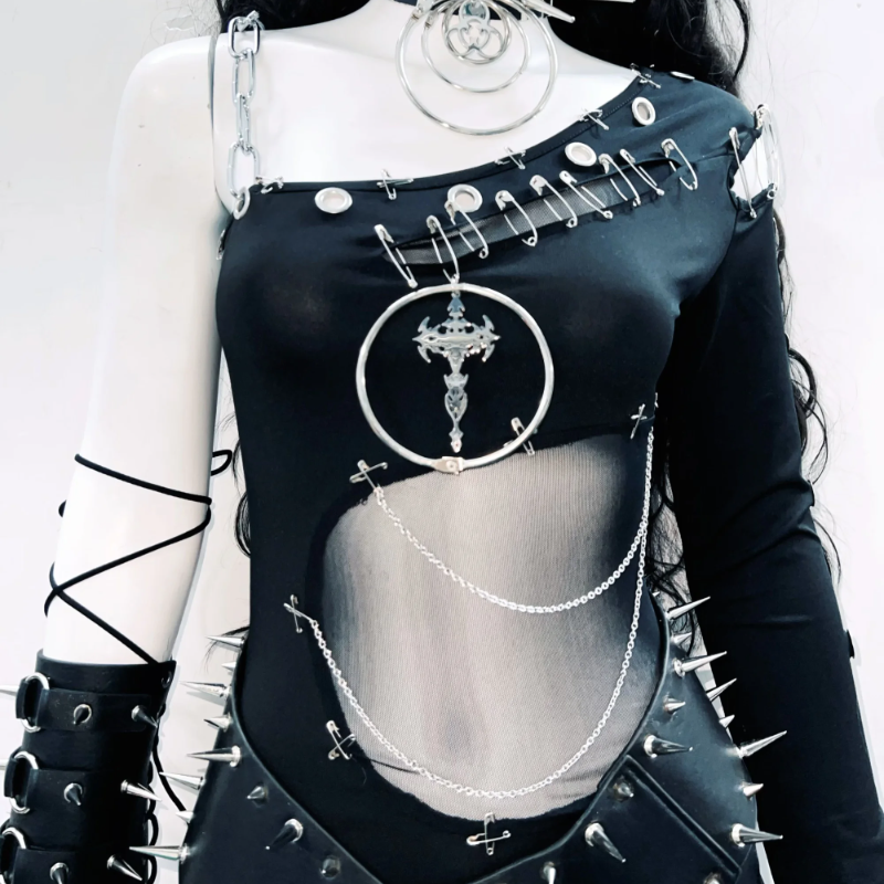 Irregular o ring metal chain long sleeve hollow out bodysuit  | Festival Outfits Women