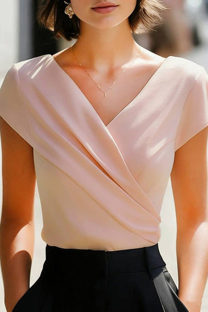 Solid Color Crossover V-neck Short-sleeved Slim-fit Casual Top