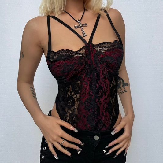 Patchwork v neck lace contrast bodysuit  | Festival Outfits Women