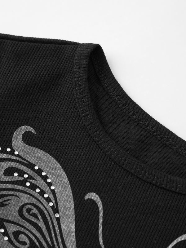 Butterfly Rhinestone Print Crop Long Sleeve Tee