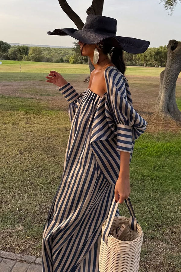 Berry Satin-Striped Detachable Balloon Sleeve Jacket Strapless Maxi Dress