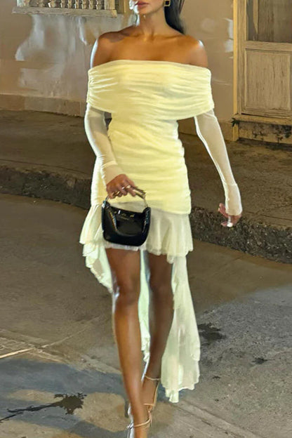 Fall New Slim-Fit Pleated Off-Shoulder Party Dress