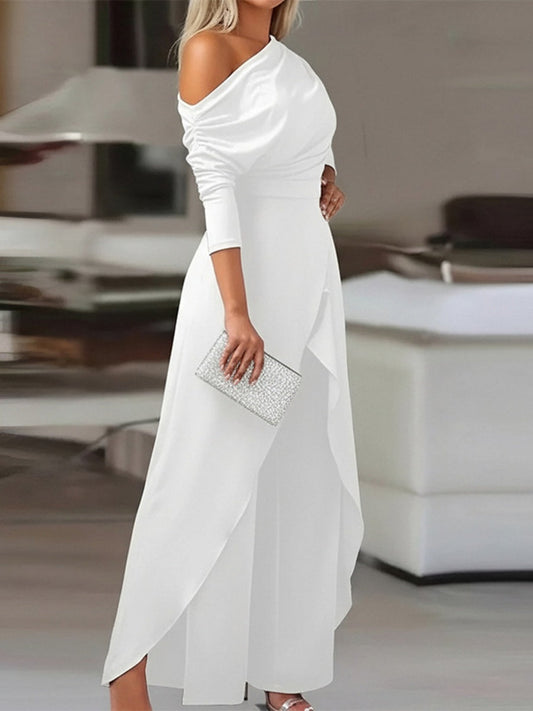 Sloping Shoulders Asymmetrical High Waist Slit Jumpsuits