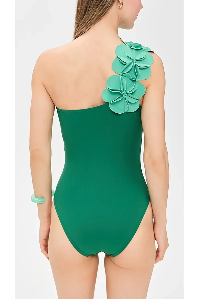 Traje de baño floral 3D de un solo hombro verde
