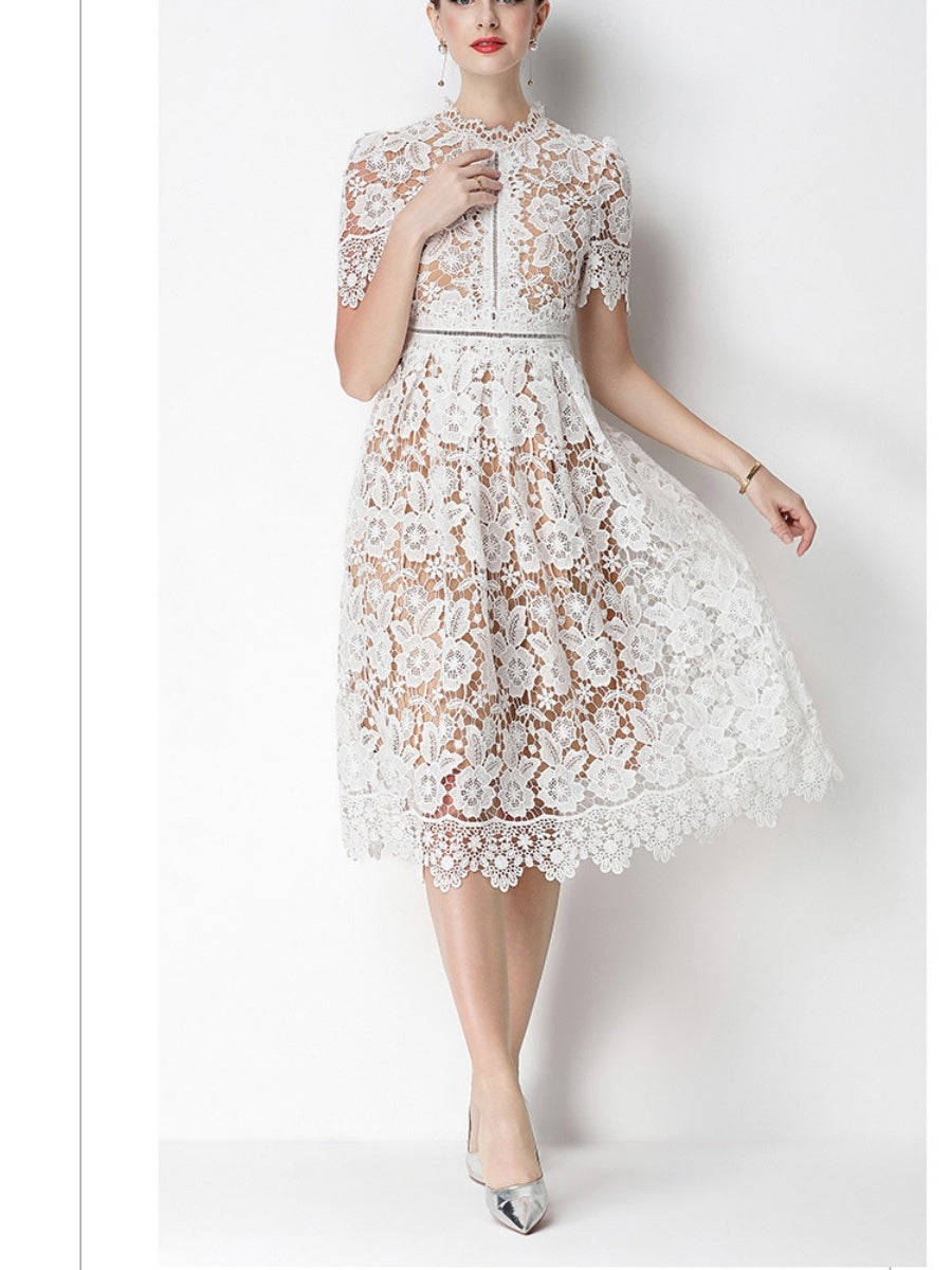 Hollow-out Water-soluble Lace Midi Dress