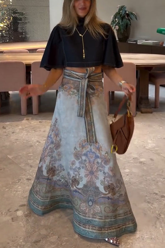 Next Vacation Linen Blend Paisley Print High Rise Tie-up Waist Maxi Skirt