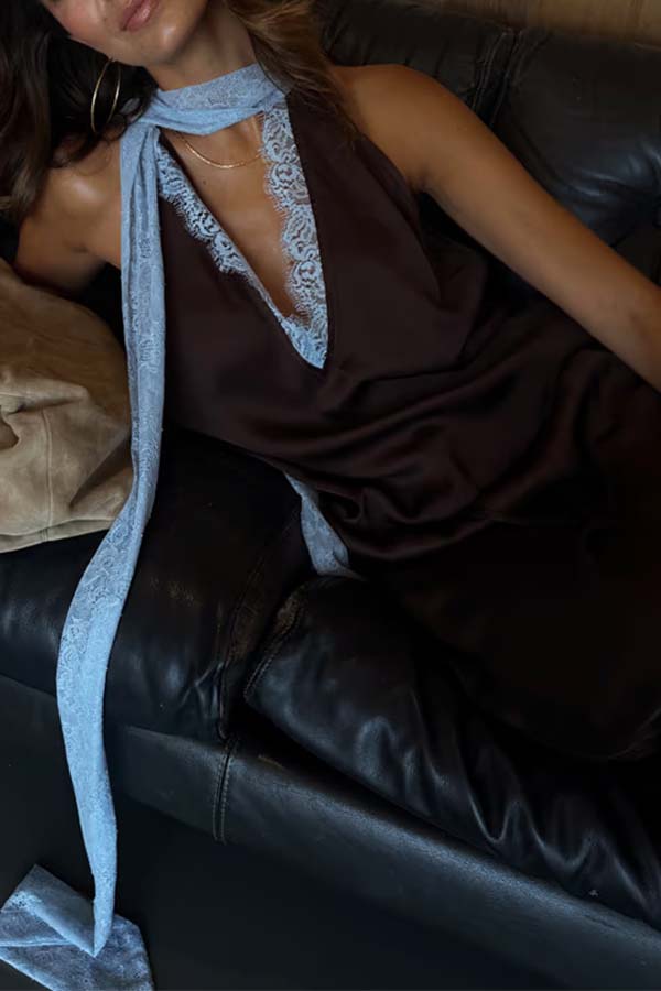 Sunday Social Contrast Color Satin Lace Trim Neck Strap Loose Tank