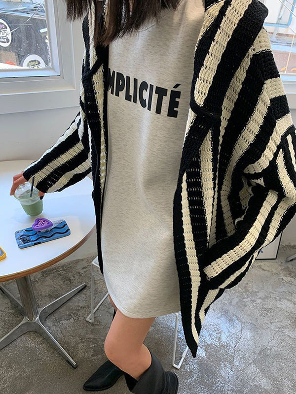 Knit Contrast Color Stripe Hooded Cardigan