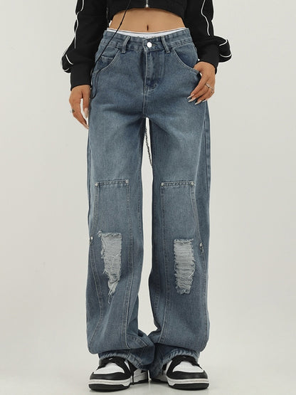 Washed Tattered Dangle Boyfriend Jeans