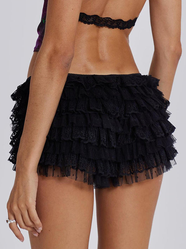 Low Rise Lace Frill Trim Tiered Shorts
