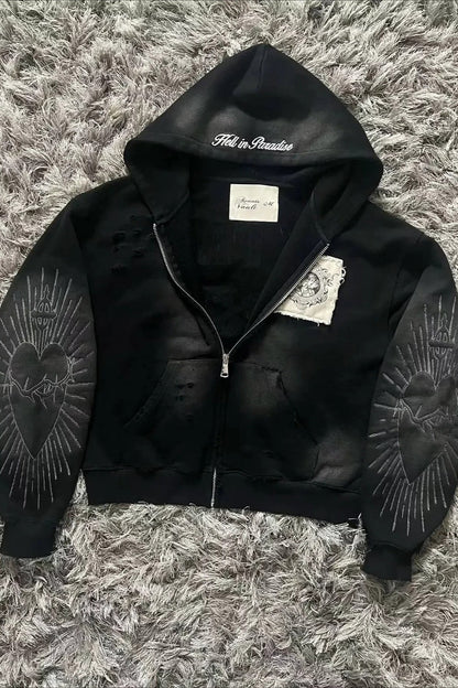 Gothic Printed Fur Collar Oversized Hoodie