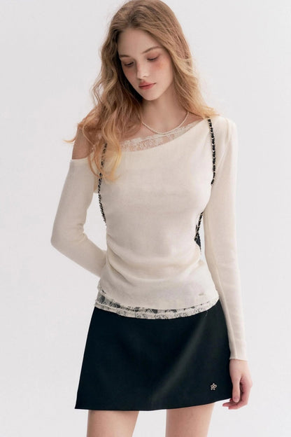 Lace Trim One Shoulder Slim Sexy Long Sleeve Blouse