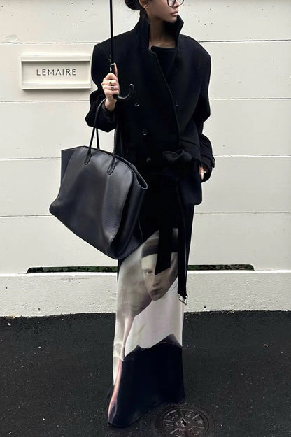 Black Printed Slim Fit Back Slit Bodycon Maxi Skirt