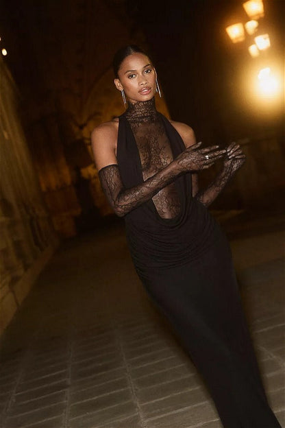 Deep V Lace Cut-Out Slim Long-Sleeve Party Dress