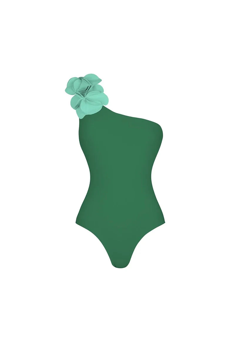 Traje de baño floral 3D de un solo hombro verde